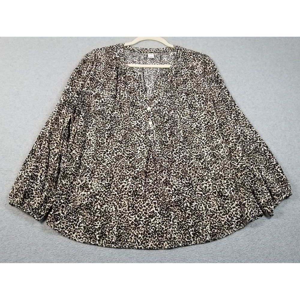 Old Navy Blouse Women's L Large Brown Leopard Henley Neck Long Sleeve Casual Top
